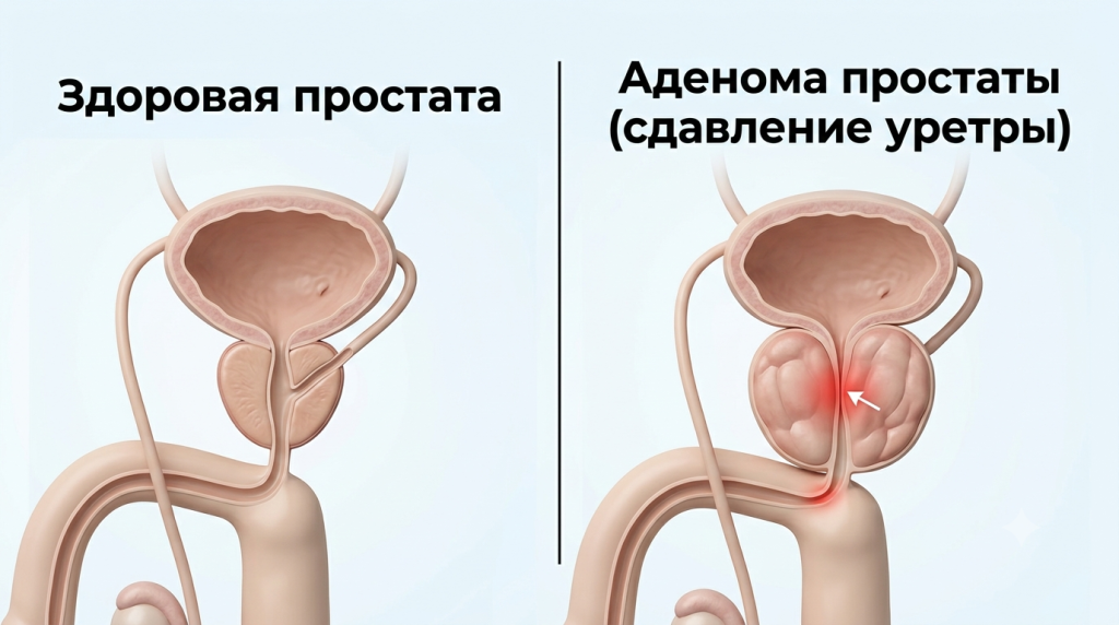 Схема здоровая простата vs аденома (сдавление уретры)